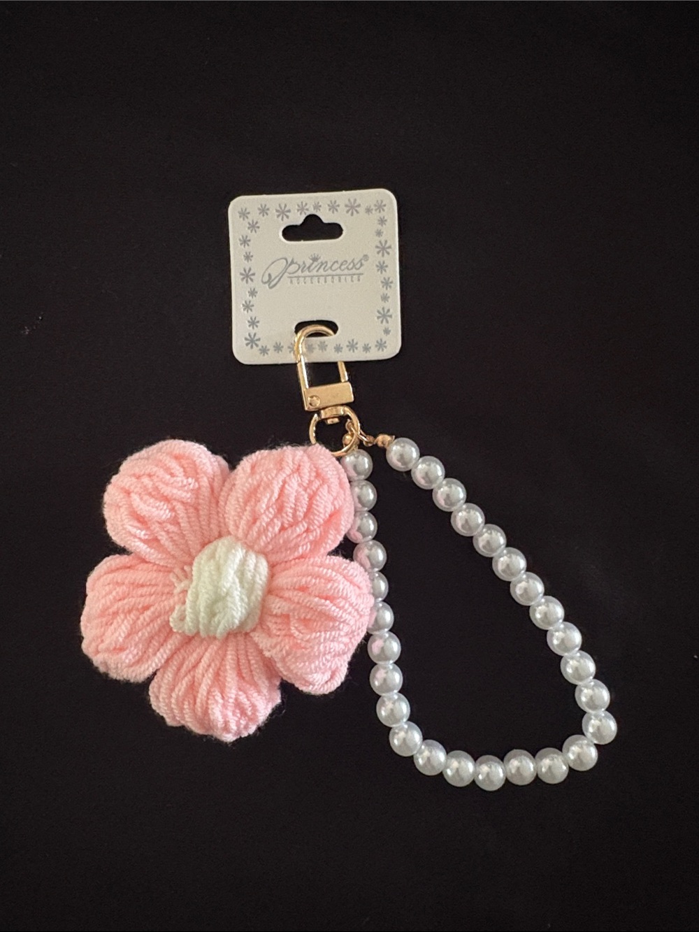 Pink Knit Crochet Flower Keychain Bag Charm with Pearl Wristlet